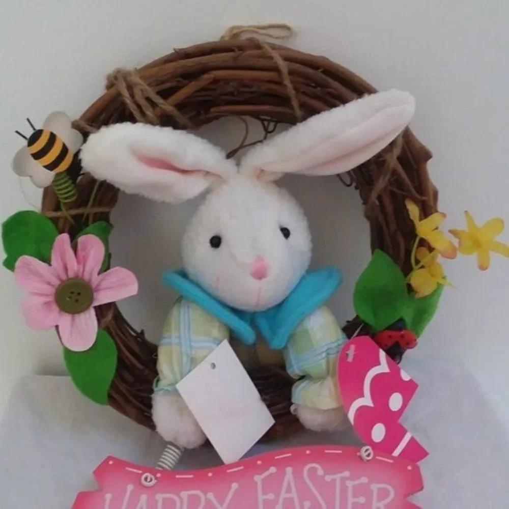 Easter Wreath GRAPEVINE with Stuffed Bunny Ladybug Flowers Wood Sign New